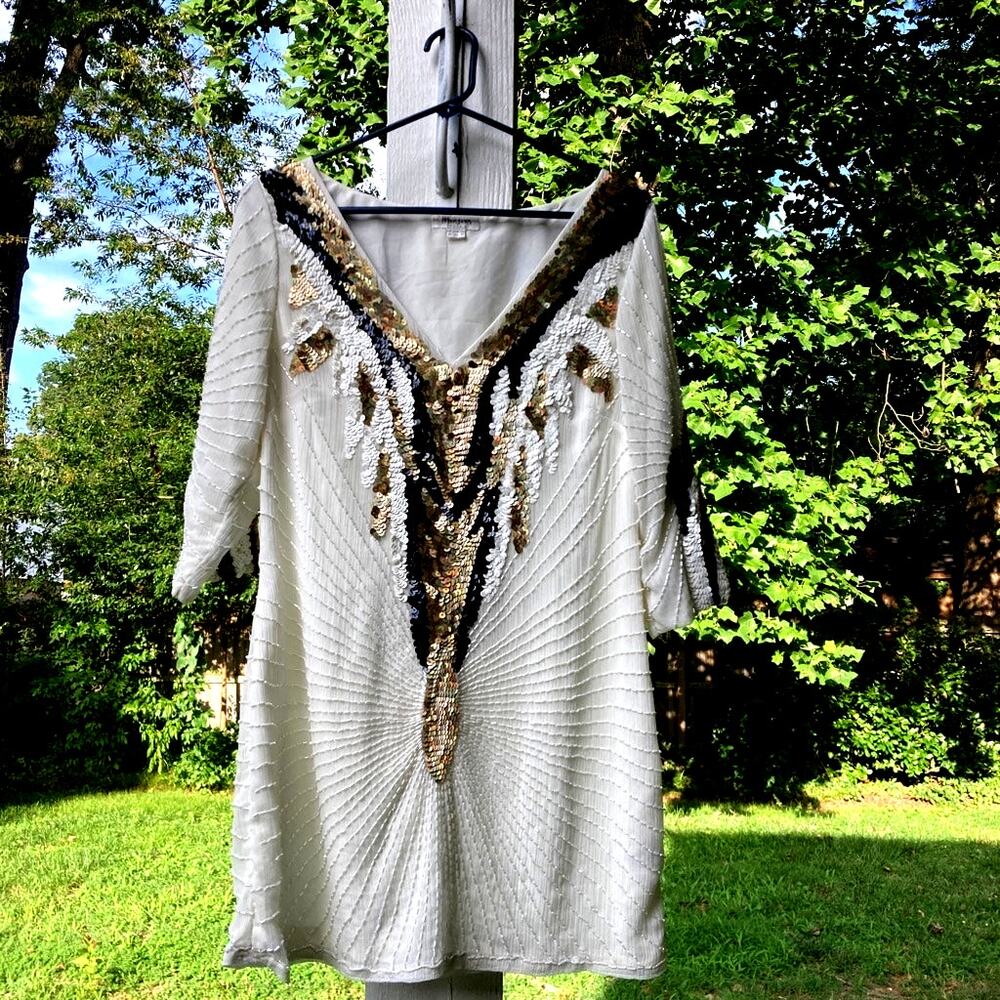 Monsoon Originals - White Sequin Shift Boho Luxuryl/Glam V-Neck 3/4 Sleeve-10